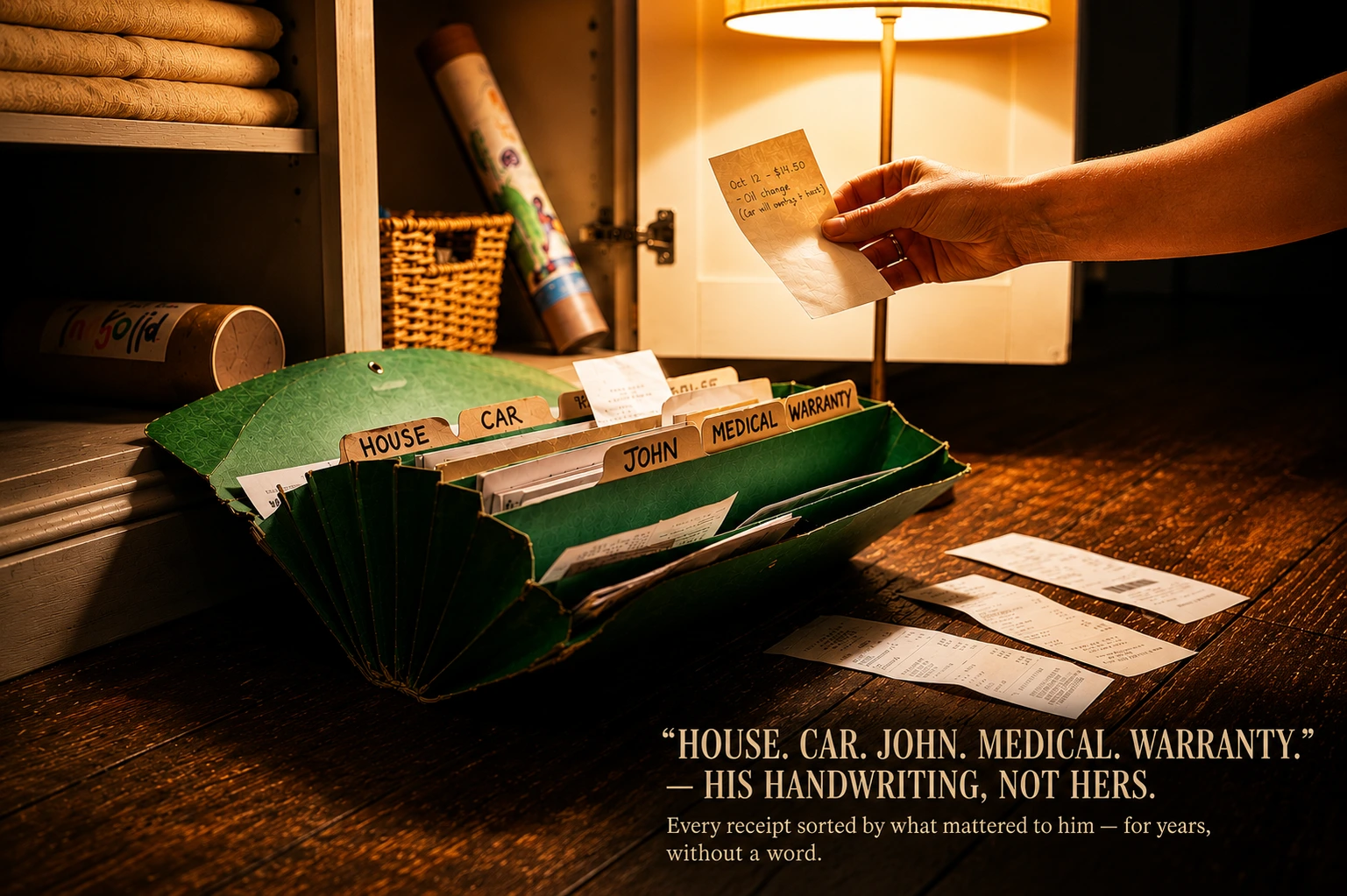 A dark green accordion folder open on a floor, its labeled pockets showing House, Car, John, Medical, Warranty, a woman's hand holding a receipt up toward lamplight
