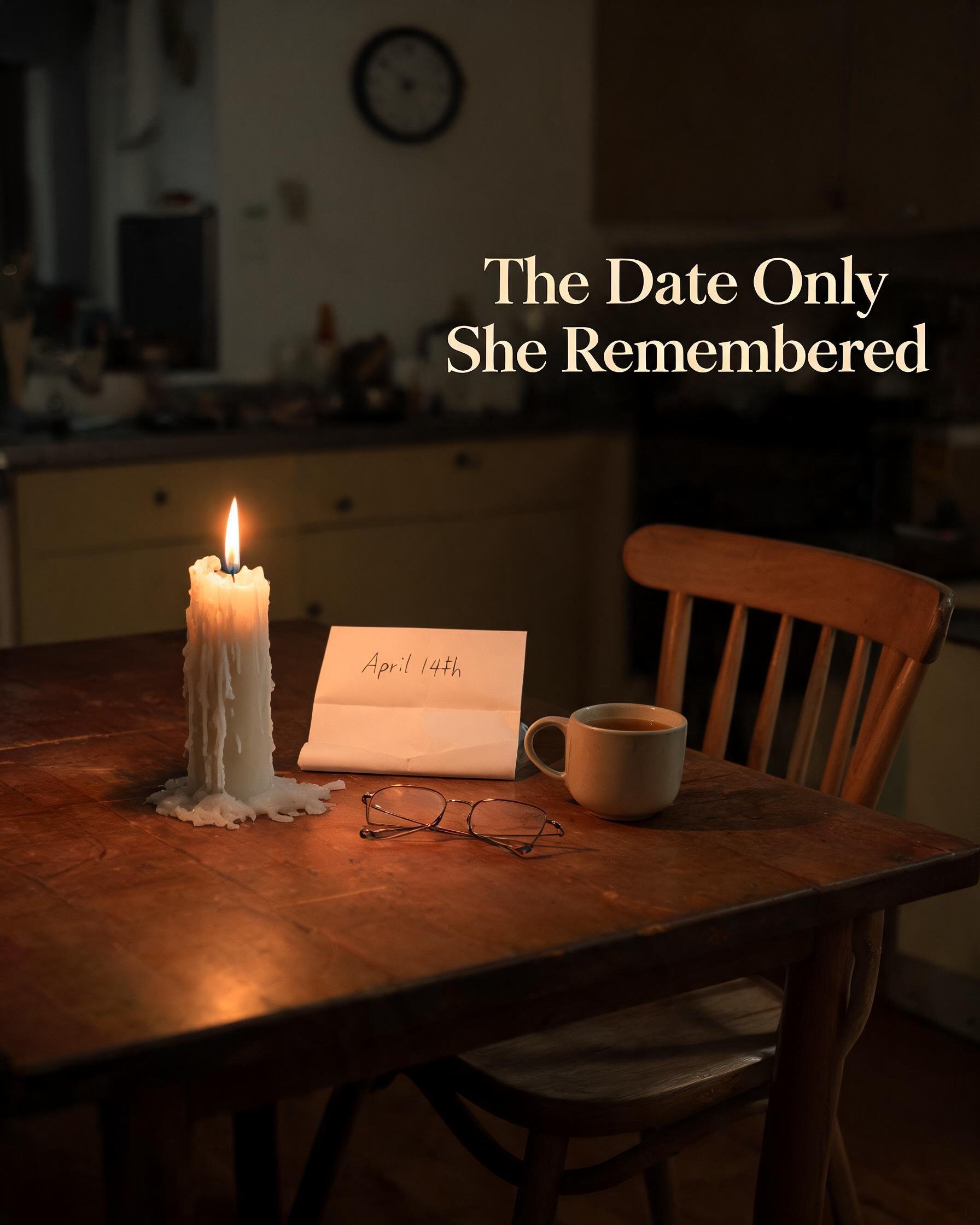 A dark kitchen table at night lit only by a tall white pillar candle with wax pooled heavily at its base, beside a folded white note with April 14th handwritten in cursive, a ceramic mug, reading glasses set aside, and an empty wooden chair — a private vigil for a due date only one person remembered to mark