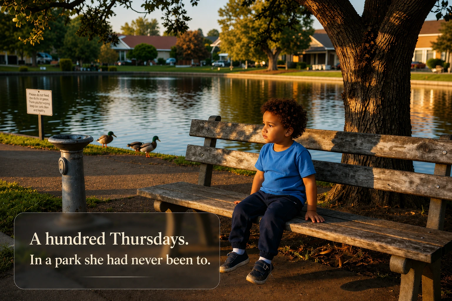 A small curly-haired boy sits alone on a weathered park bench beneath an old oak tree beside a duck pond, his legs dangling, looking at the water
