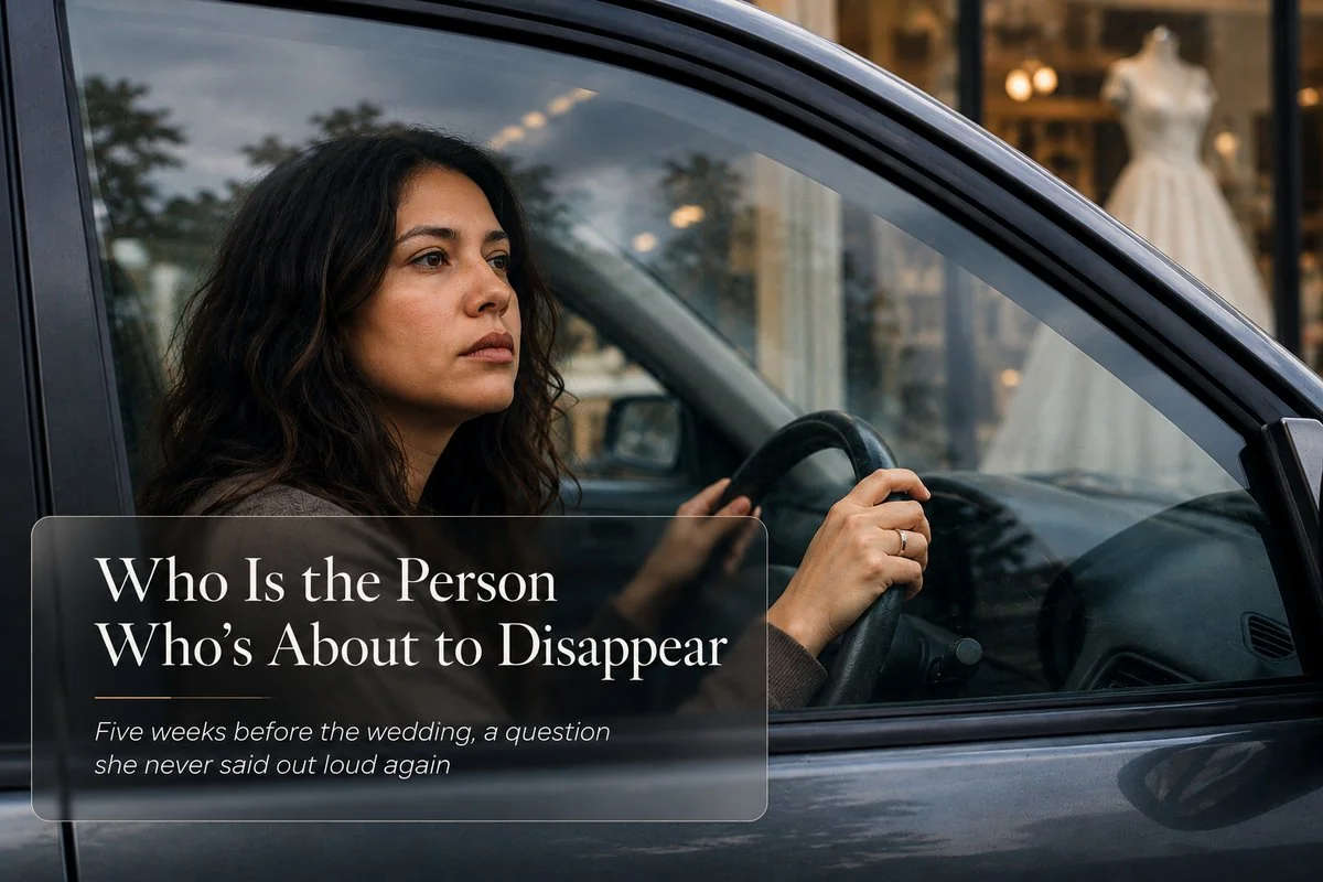 Bride-to-be sitting alone in her car outside a bridal shop