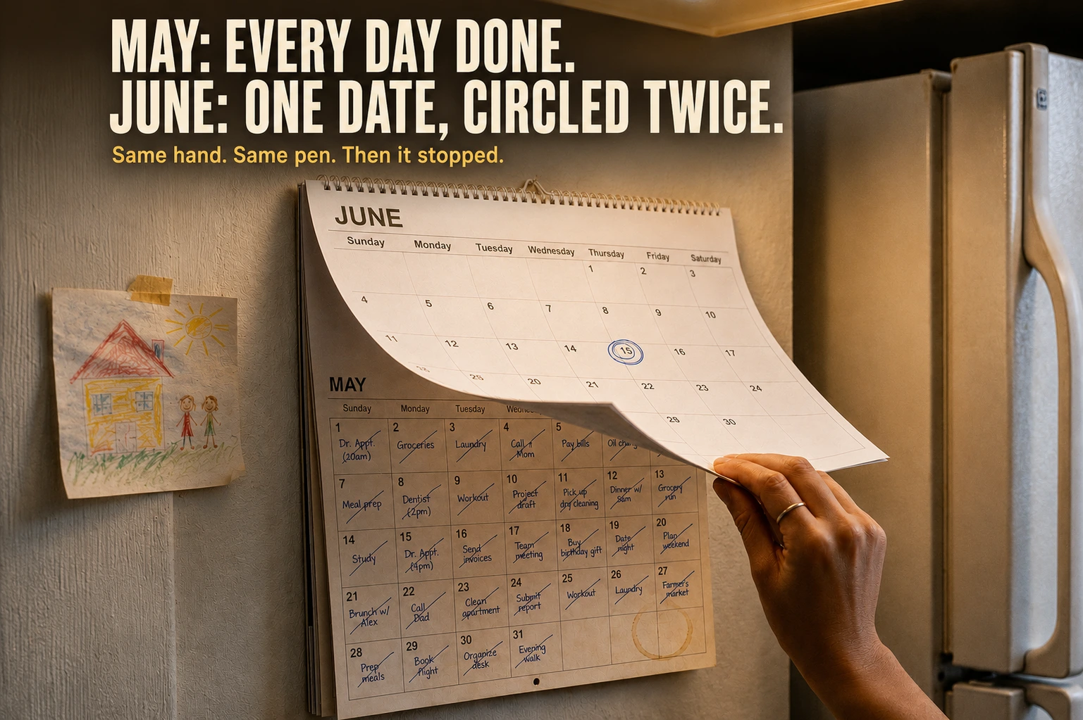 Close-up of a wall calendar showing a dense May lifted by a woman's hand to reveal a nearly empty June