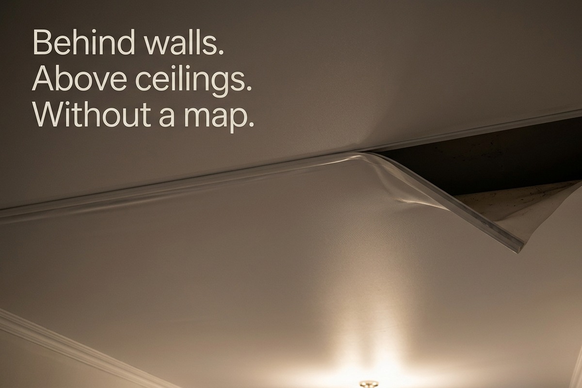 View looking up at a residential stretch ceiling with a small section pulled back at one edge, revealing dark, empty space behind it