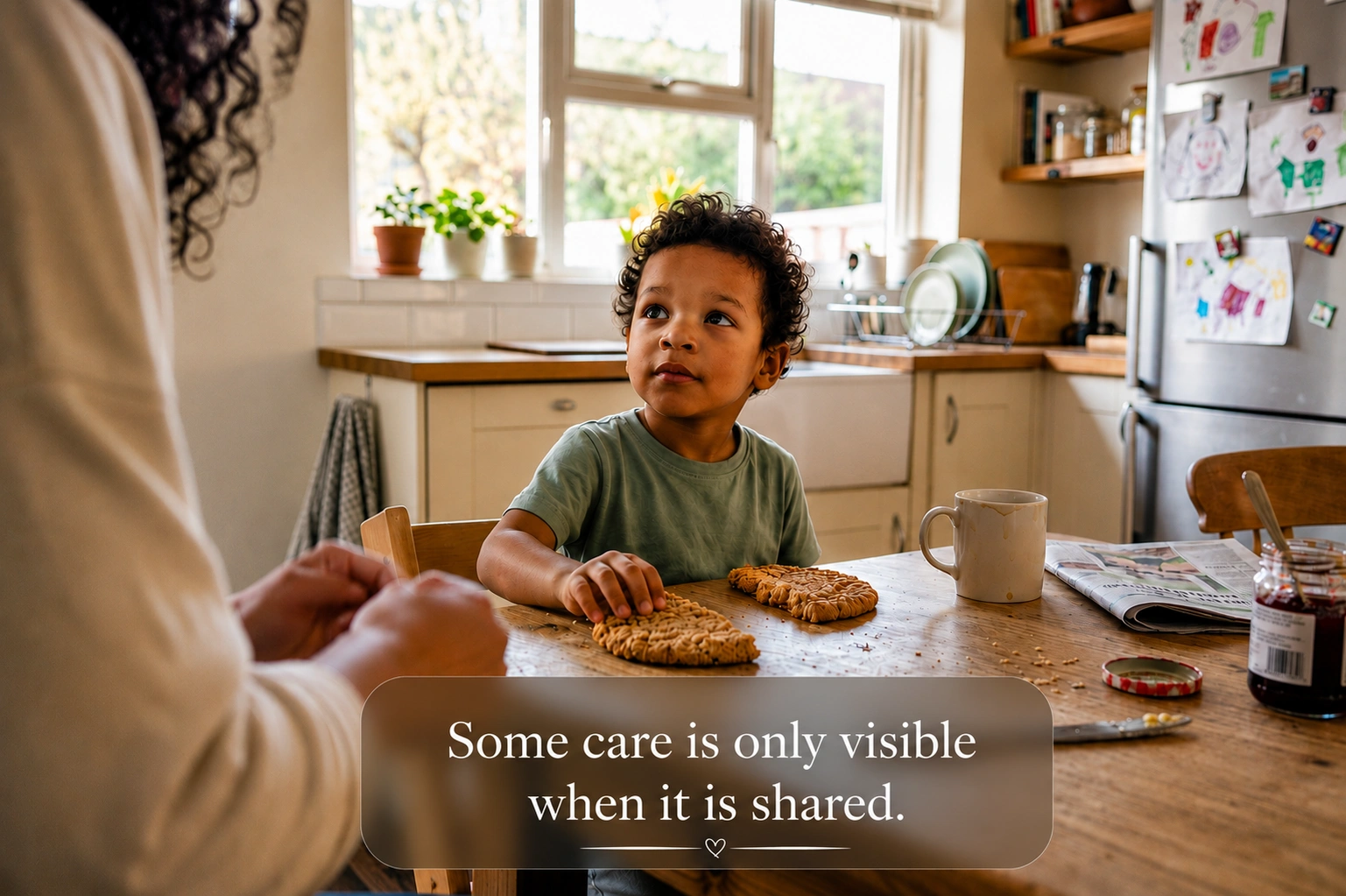 A toddler at a kitchen table pushes half an oatmeal cookie across the table toward someone unseen, his expression open and unhesitating, warm spring light through the window