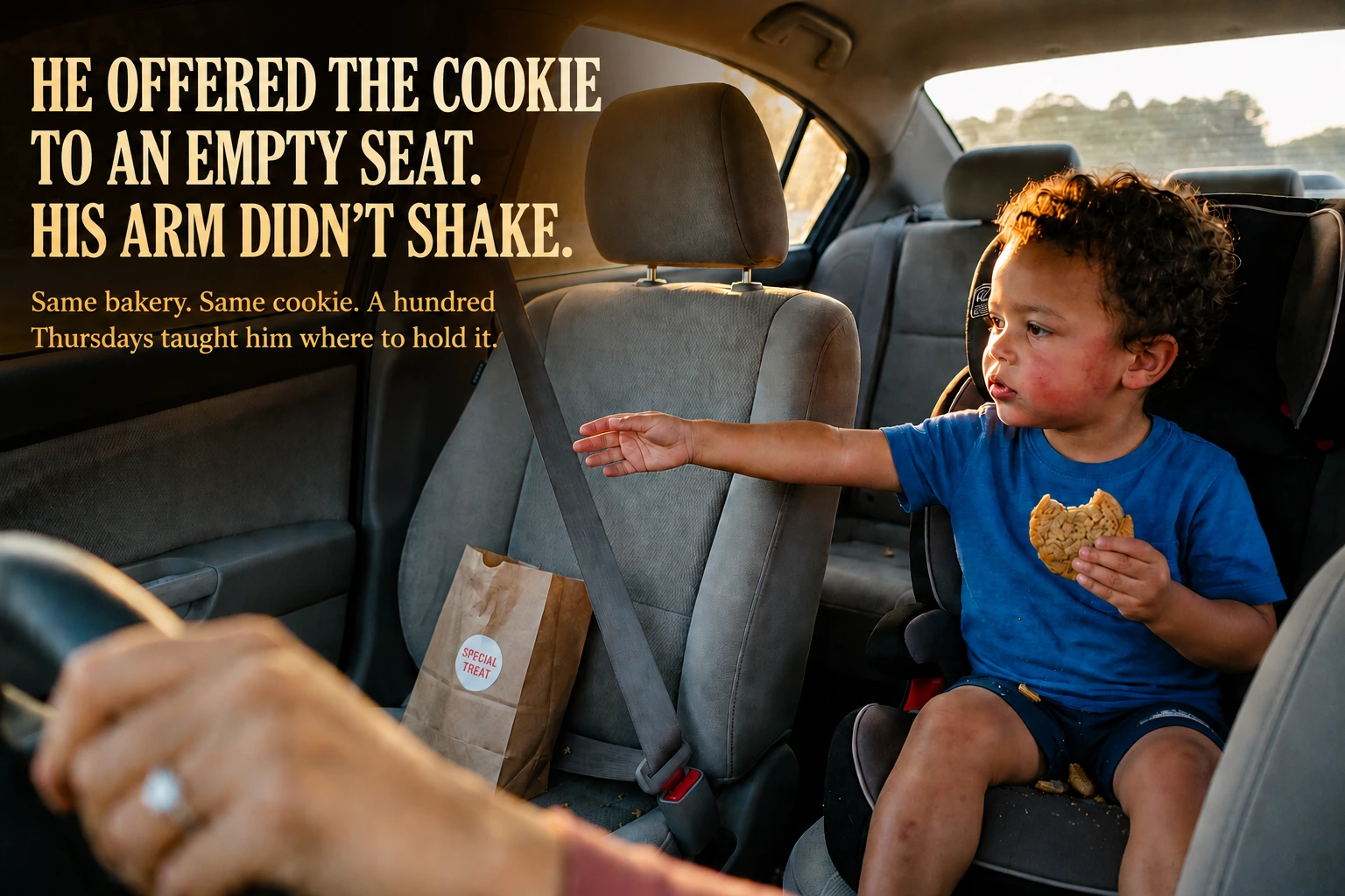 A toddler in a rear car seat extends a half-eaten cookie toward the empty passenger seat beside him, his arm level and steady, his expression patient