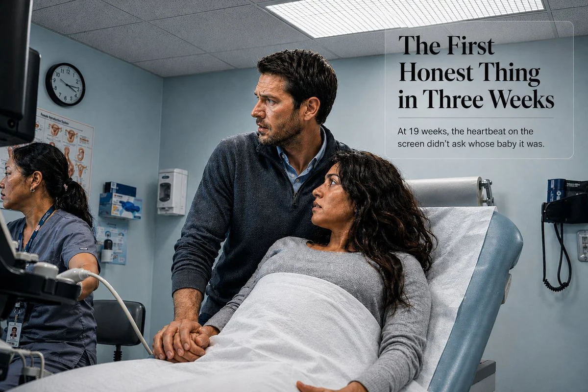 Husband and wife holding hands during an ultrasound appointment