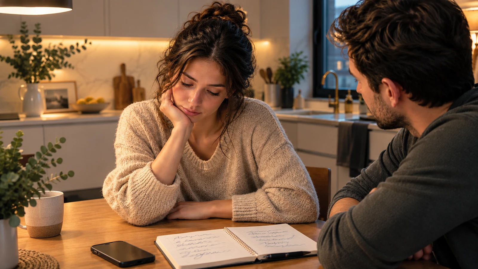 A couple sitting at a kitchen table at night, looking at a notebook, one resting her head on her hand looking tired