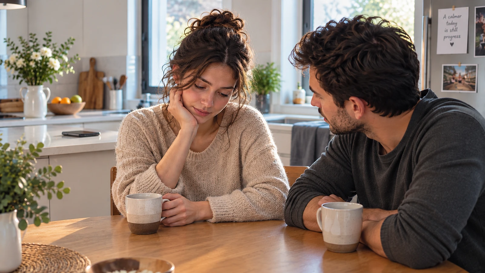 A woman and man sit together at a kitchen table in morning light; a phone lies face-down and unattended on the counter behind them.