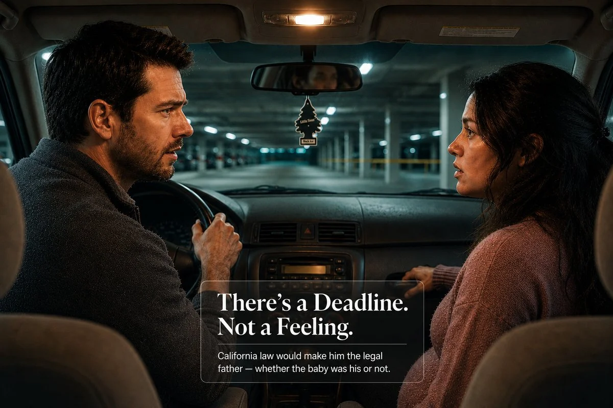 Husband and wife in a tense conversation inside a parked car in a parking garage