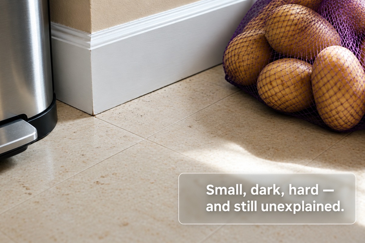 Close-up of an ordinary kitchen floor near a trash bin and a bag of potatoes, a few tiny dark specks faintly visible near the baseboard