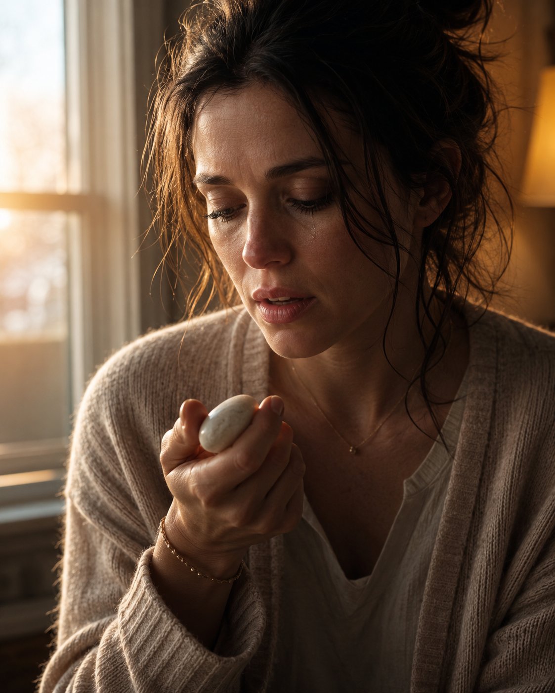 A woman with dark auburn hair and a cream knit cardigan sits near a warm golden window, eyes closed with a single tear on her cheek, holding a small smooth white stone raised close to her lips with both hands and a delicate gold bracelet at her wrist — the sacred moment of finally being ready to say a name that has been kept private for months after pregnancy loss