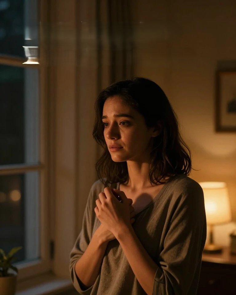 A woman stands alone in a dimly lit living room at night, hands clasped together at her chest, eyes glistening as she looks slightly upward — the quiet resolution of grief after pregnancy loss, still standing after finally saying her baby's name out loud for the first time