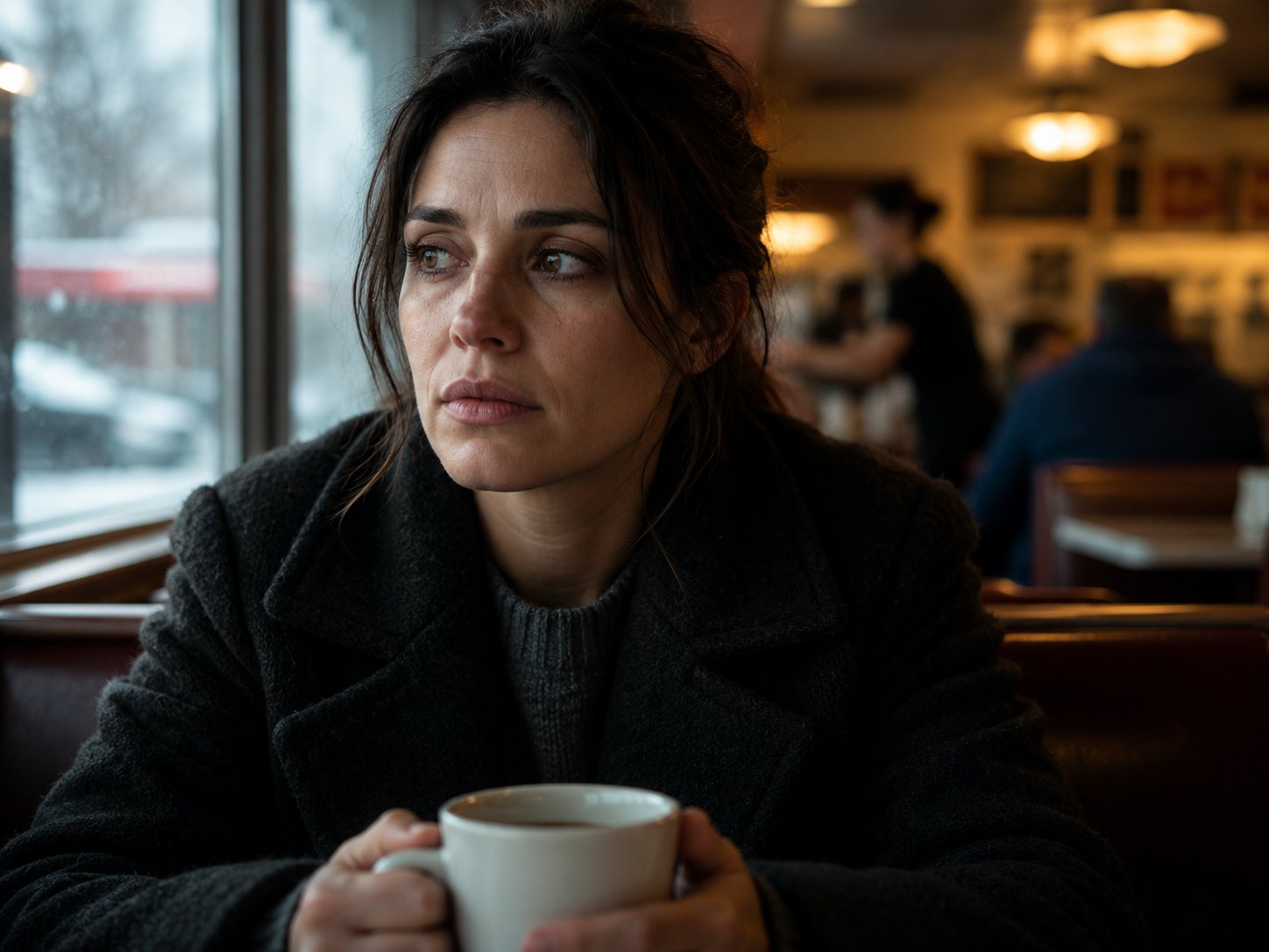 A woman alone in a diner booth — real story of miscarriage grief, invisible loss and Clara