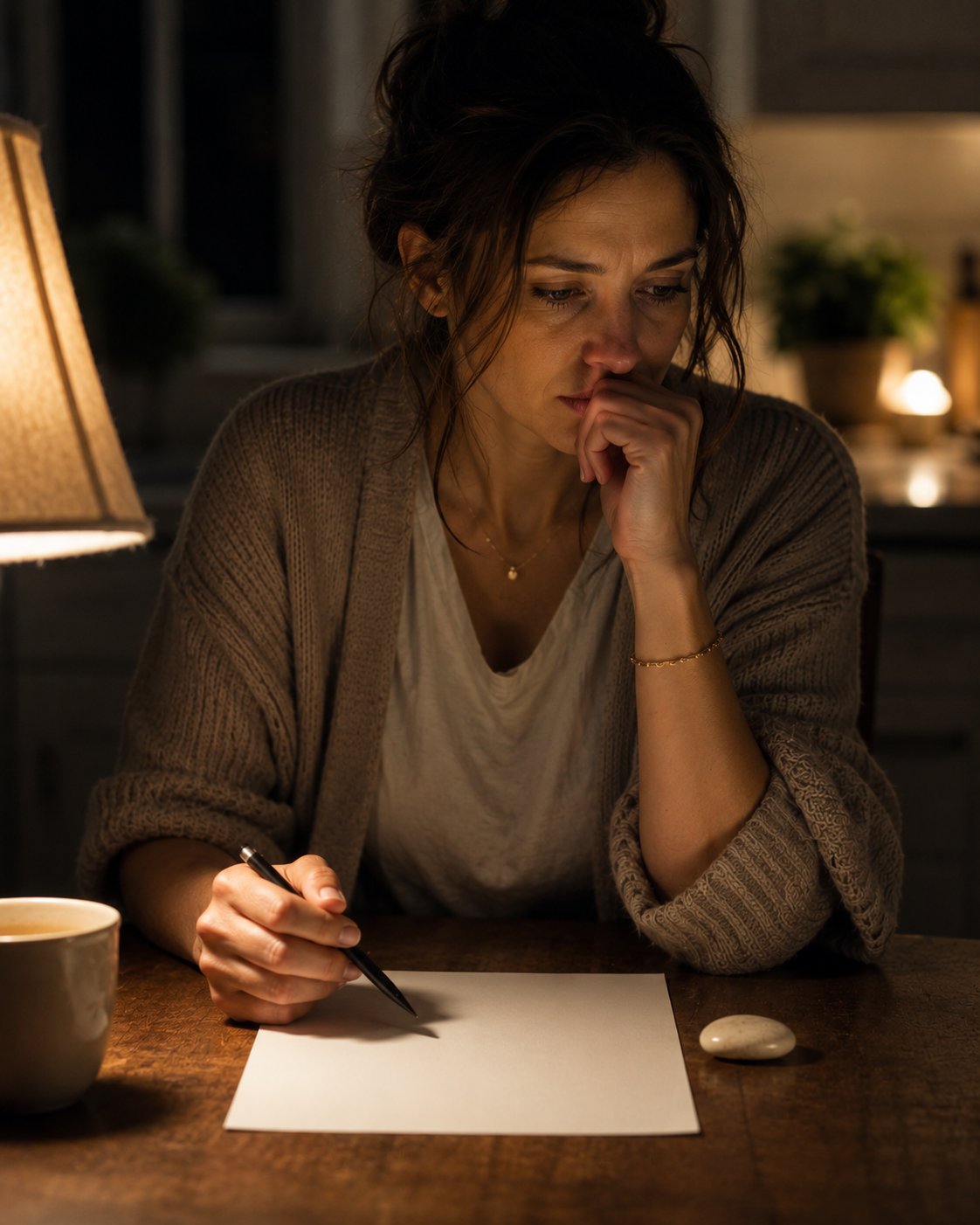 A woman with dark hair sits at a kitchen table late at night in warm lamp light, holding a pen over a completely blank white piece of paper with one hand pressed to her lips in a gesture of gathering courage, a small smooth stone beside her — the moment of finally beginning to write a letter to her baby after months of pregnancy loss grief