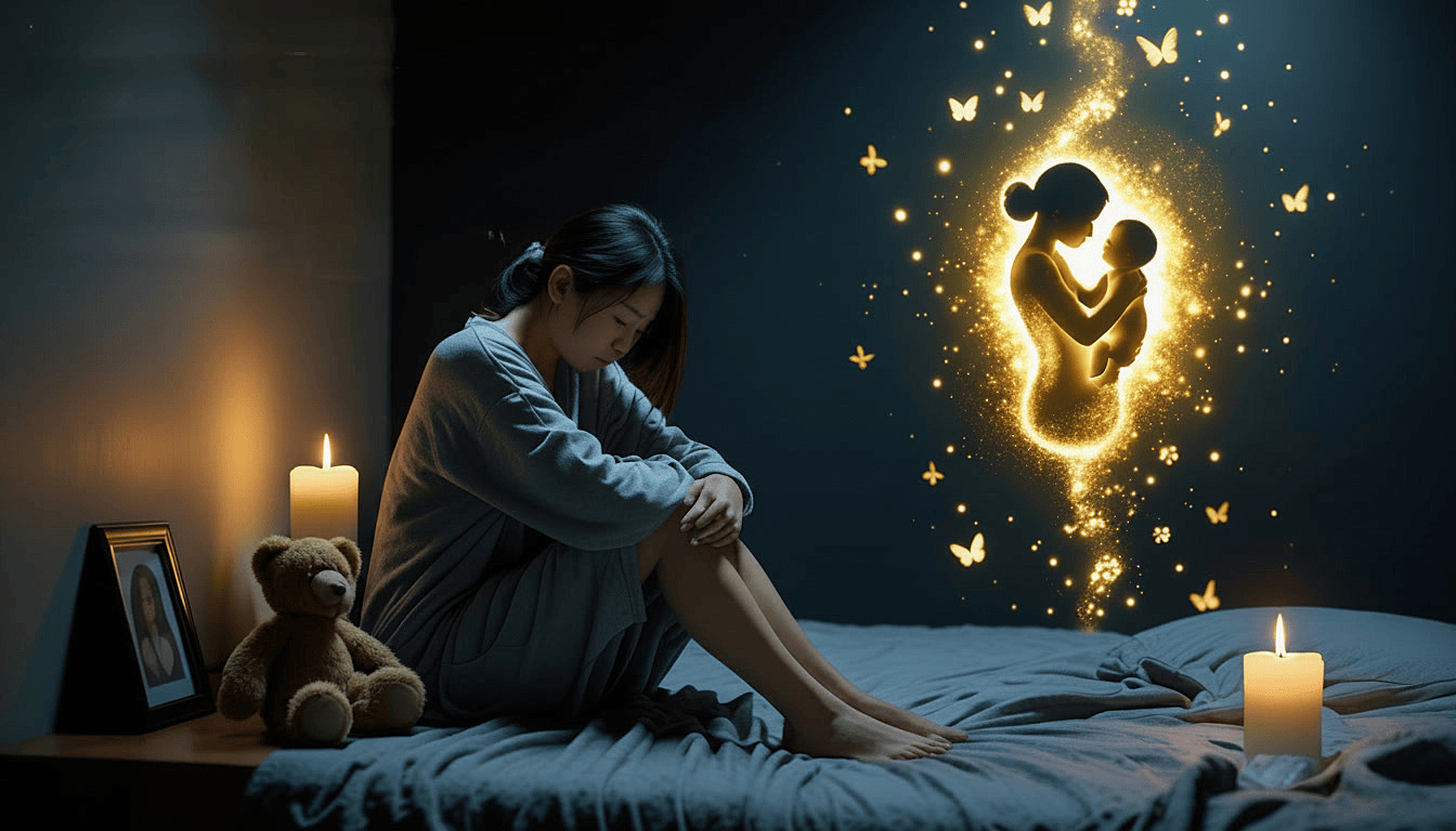 Woman grieving on bed with glowing mother-and-baby spirit — why do miscarriages happen, first trimester pregnancy loss guide