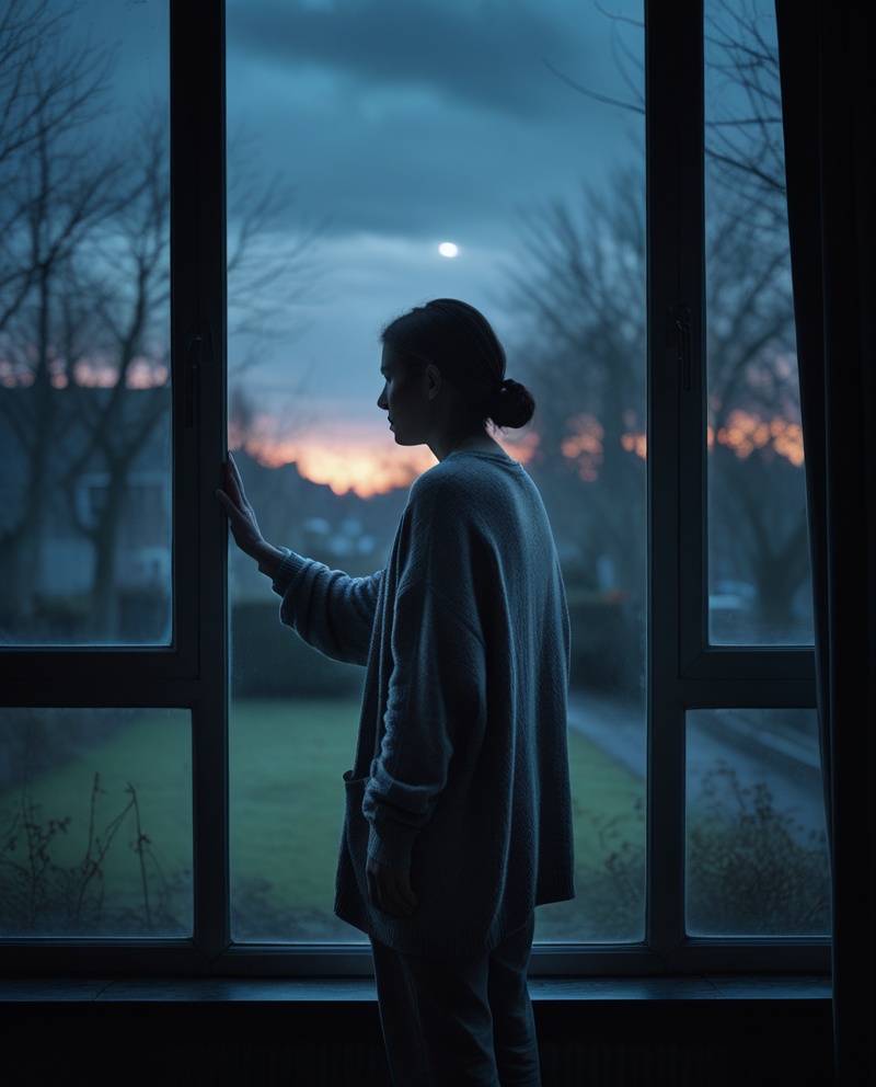 A woman stands alone at a large window in pre-dawn grey-blue light, her hand resting gently on the cold glass, looking out at the barely waking world — not healed, but still standing, at the threshold between grief and the first possibility of morning