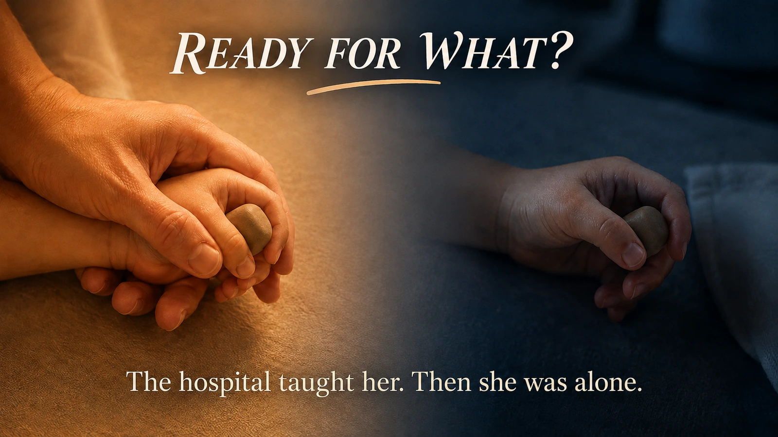 Two hands warmly cupping a small stone on the left, transitioning to a single hand alone holding the same stone in cooler light on the right, with text reading: Ready for what? The hospital taught her. Then she was alone.