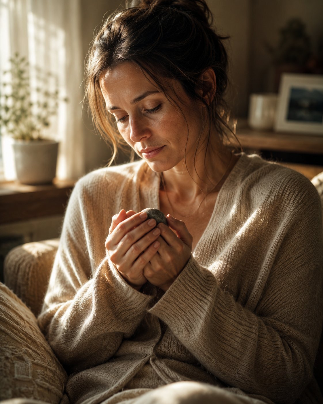 A woman sits in warm golden morning light, both hands gently cupped around a small smooth stone, eyes soft and still — not healed, but carrying her love for her baby forward, having learned that healing is not the same as forgetting