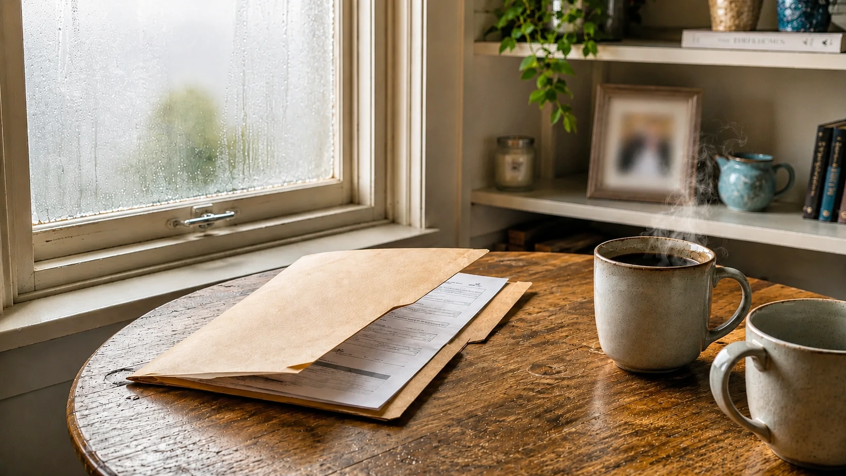 Clinic paperwork in a folder on a kitchen table beside coffee and a wedding photo