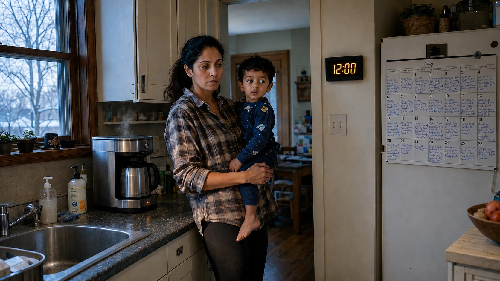 A South Asian woman stands alone at a kitchen counter watching coffee brew, a clock above her reading 12:00 and blinking