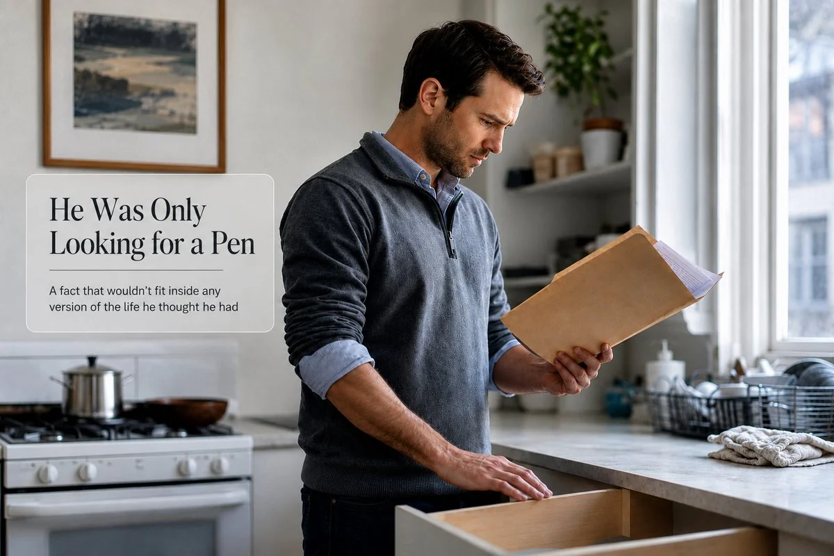 Husband reading a clinic form he found in a kitchen folder