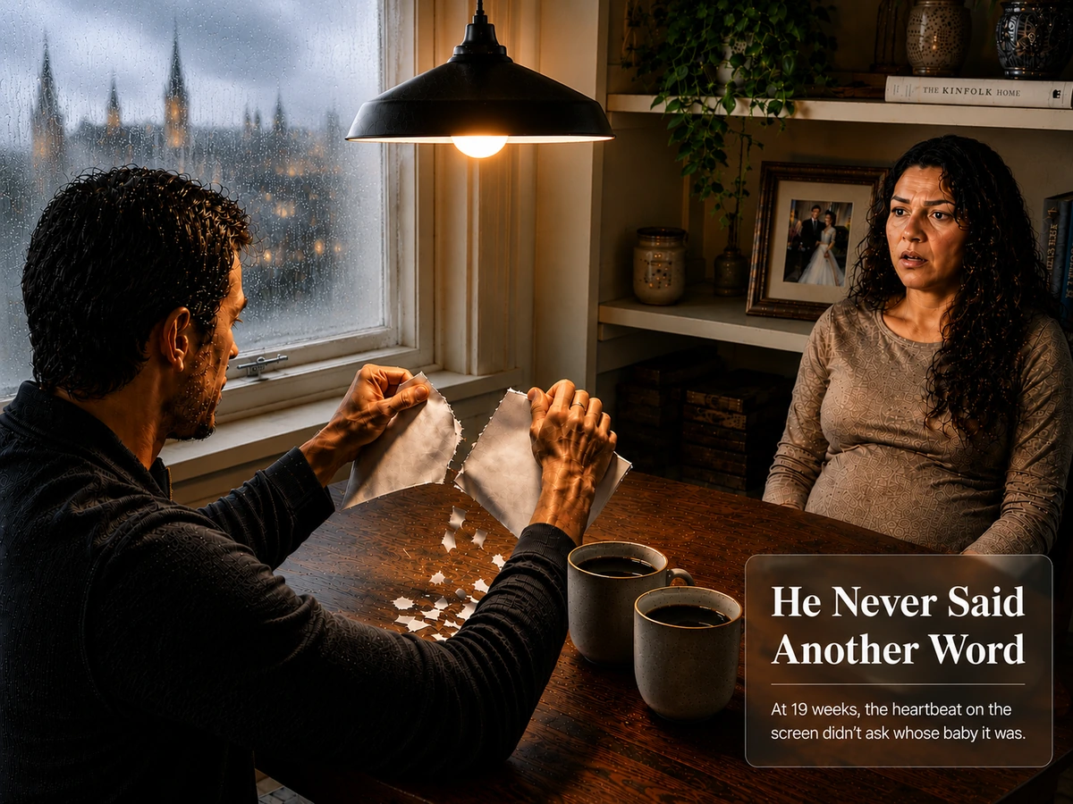 Husband tearing a legal document in half at the kitchen table as his wife watches