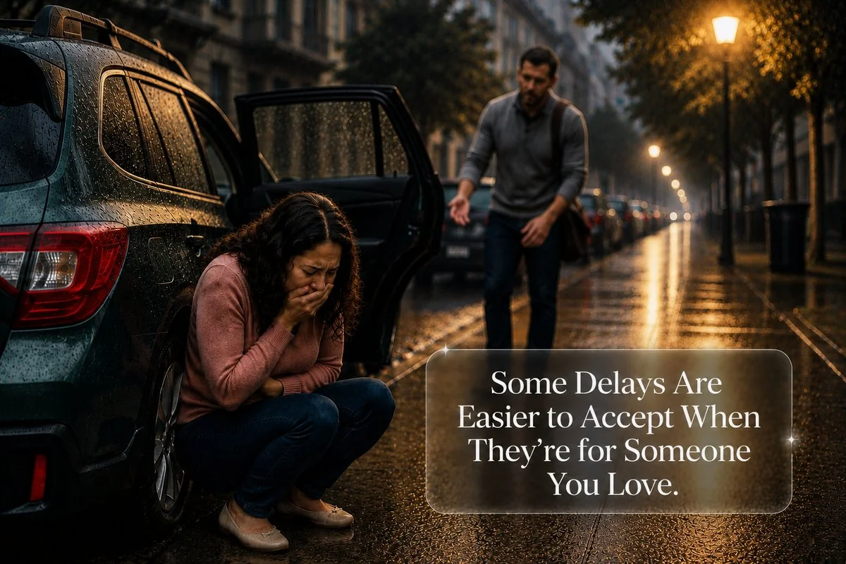 Husband checking on his wife beside their car on a rainy San Francisco street