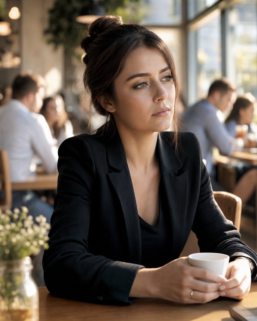 A young woman sits in a bright busy café, coffee cup in hand, looking composed on the outside — but her eyes carry the invisible weight of miscarriage grief while the world around her moves on as normal