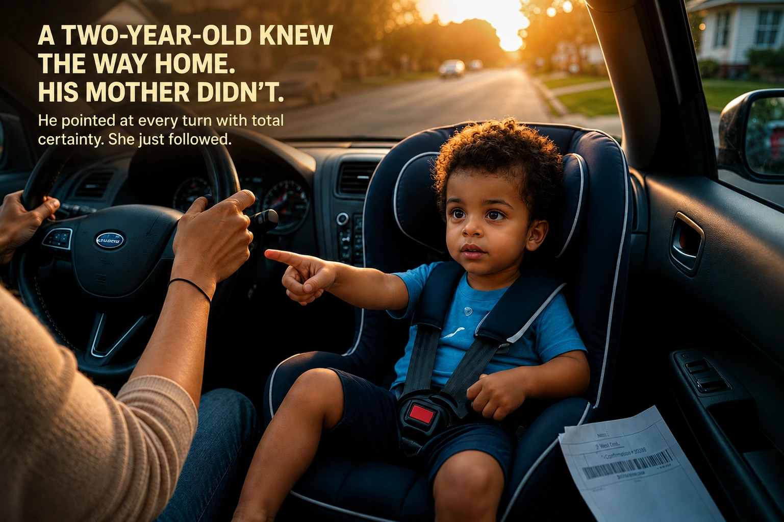 A toddler in a rear car seat points forward with absolute certainty while adult hands grip the steering wheel; a residential street in afternoon sun through the windshield