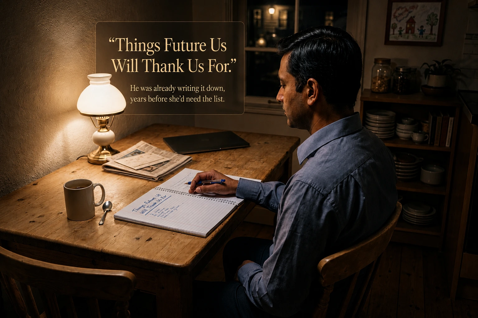 A South Asian man in a pressed blue shirt sits alone at a kitchen table in evening lamplight, writing in a notebook, his back to the camera