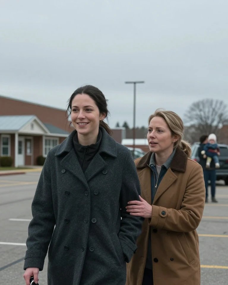 Two women walking together in a cold grey car park in winter — Emily in a dark grey coat smiles as a woman in a warm brown coat places her hand gently on her arm, mid-conversation — the practiced smile of someone performing fine while carrying private grief after pregnancy loss