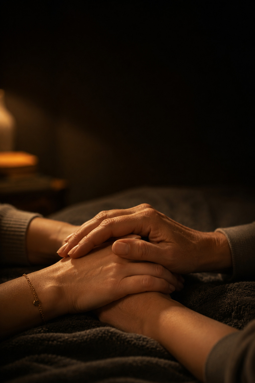 Two hands — one older, one younger — gently resting together in warm amber candlelight on a dark soft surface, the quiet gesture of one person simply being present with another in grief — you are not alone