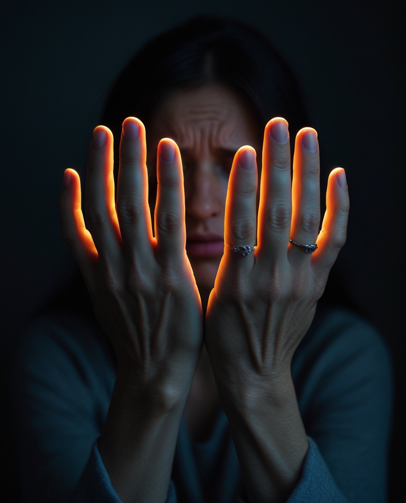 A woman holds both hands up toward her face, fingers spread wide, backlit by amber light — the haunting self-interrogation of miscarriage guilt, searching her own hands for evidence of something she did wrong