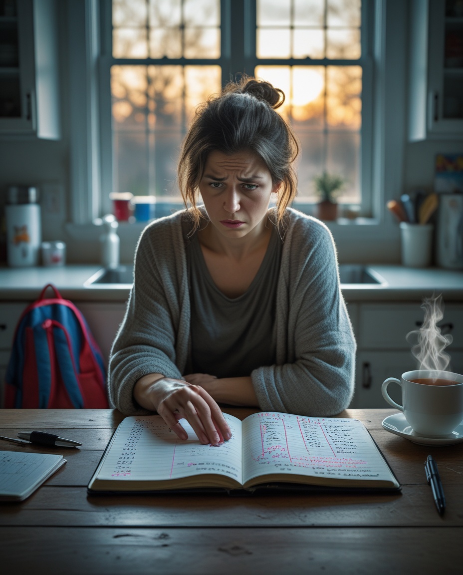 A woman with dark hair sits at a kitchen table in early morning light, brow furrowed with intense concentration, one hand pressed flat on an open journal filled with handwritten dates and pink highlighted entries, a steaming cup of tea beside her — the private ritual of counting weeks after miscarriage that no one else knows about