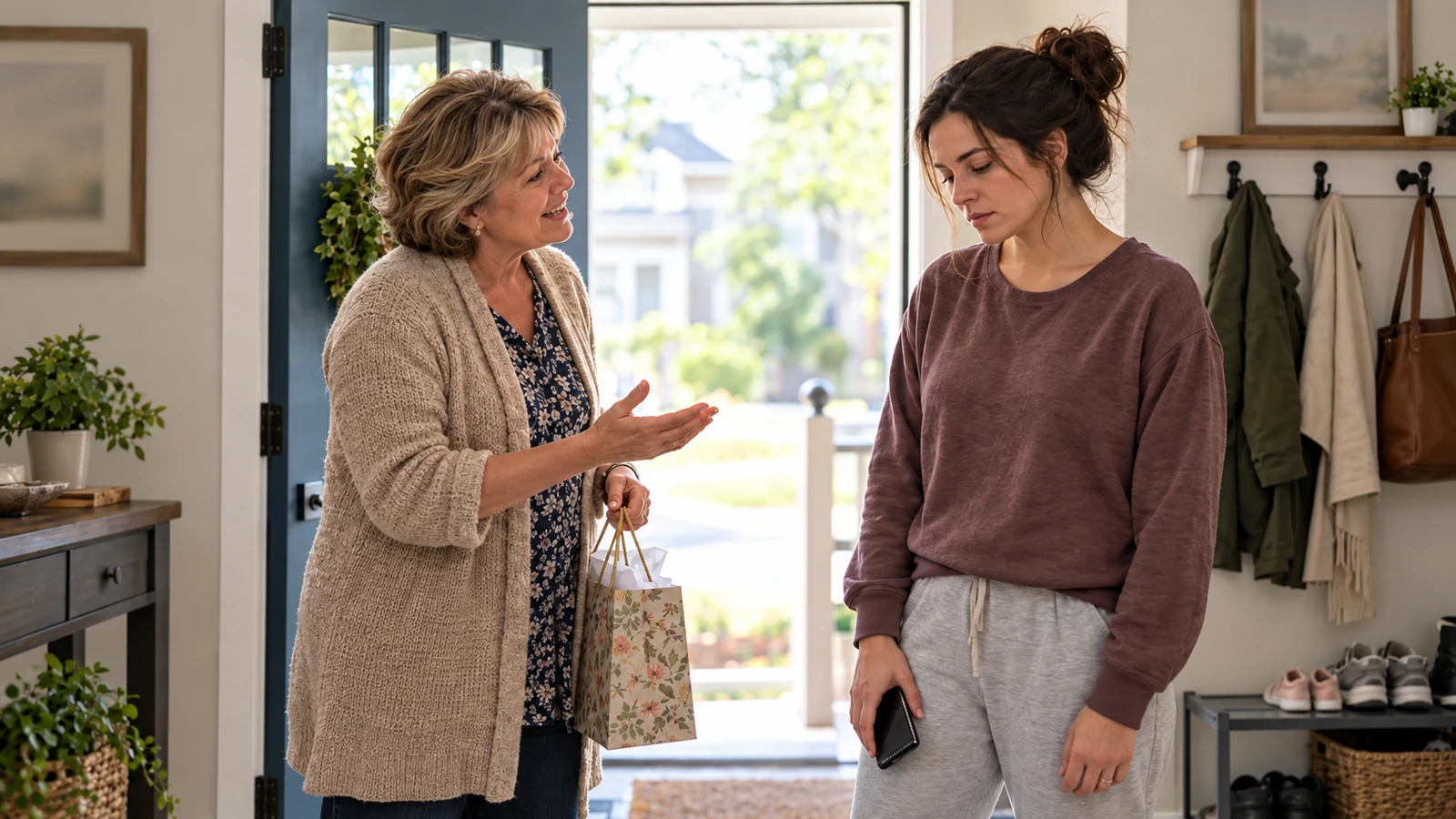 An older woman speaks warmly to a younger woman at a doorway; the younger woman listens with her eyes lowered, holding a phone at her side.