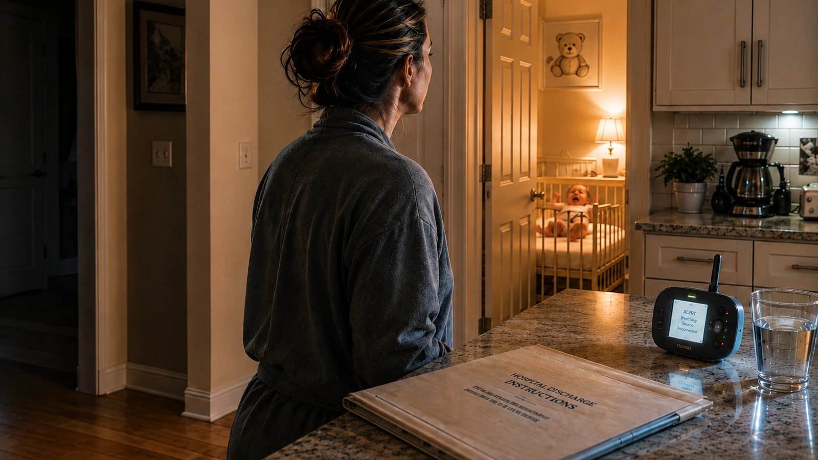 A mother stands at a kitchen counter at night, looking toward a nursery doorway where her infant is crying in a crib, with a hospital discharge folder and baby monitor on the counter beside her
