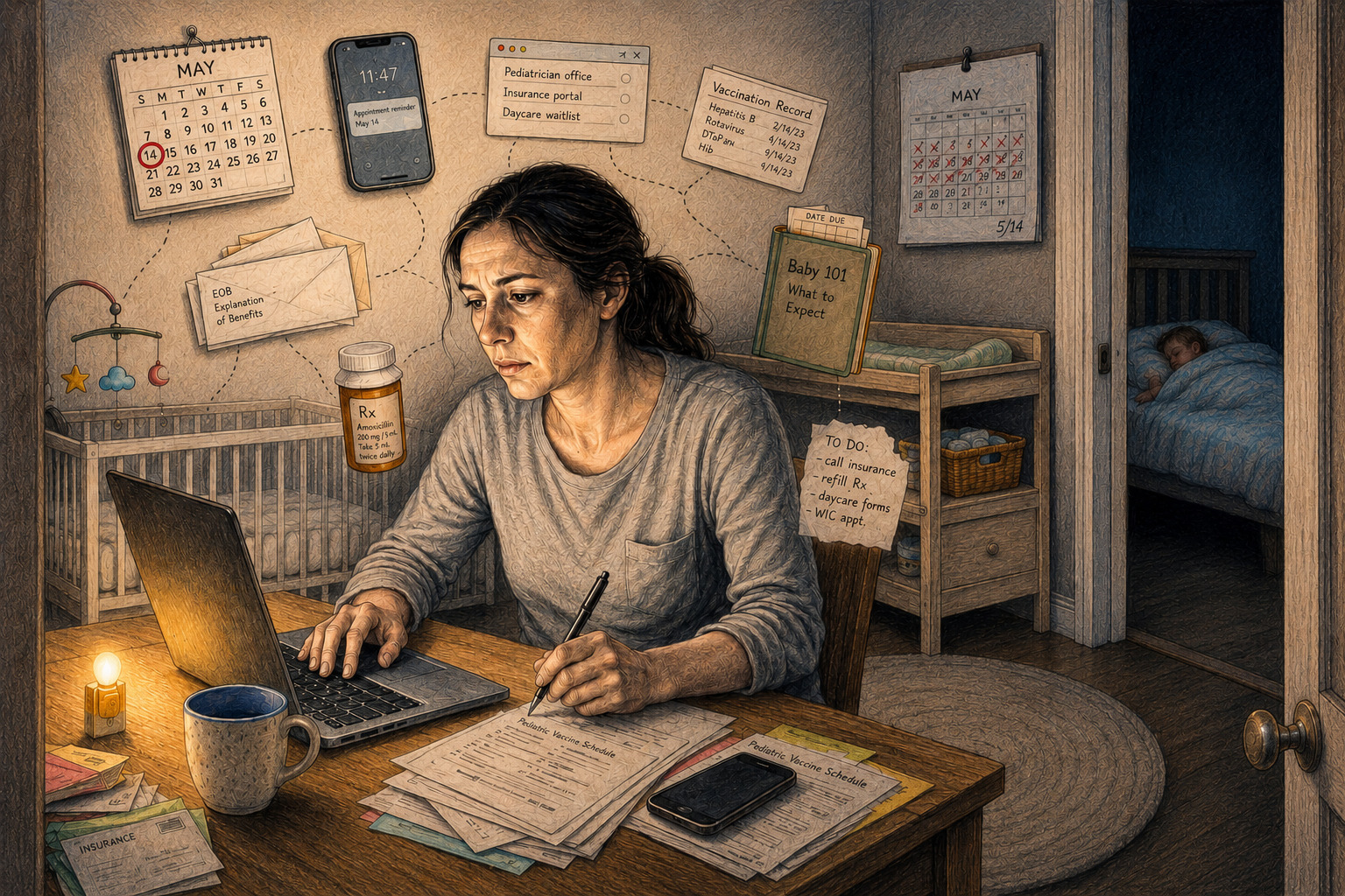 Editorial illustration: a woman at a kitchen table surrounded by the invisible web of household cognitive tasks — school forms, insurance portals, appointment cards — while her partner sleeps in the background