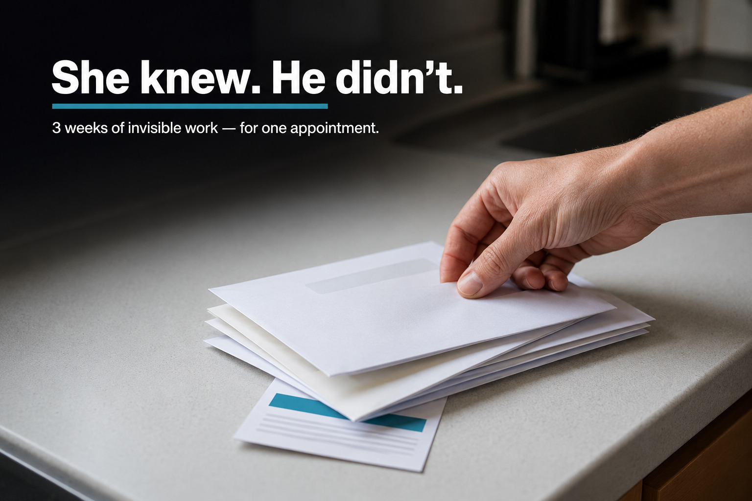 A pediatric appointment reminder card partially buried under household mail on a kitchen counter — the beginning of three weeks of invisible parenting work