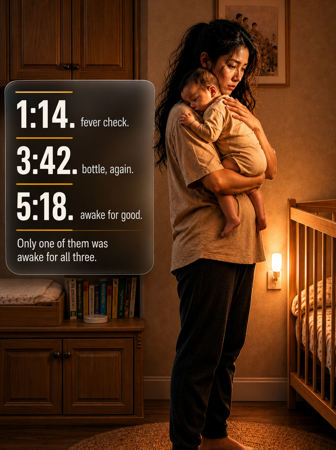 A parent alone in a dark nursery at night holding a nearly-sleeping baby — the quiet asymmetry of who gets up and who sleeps