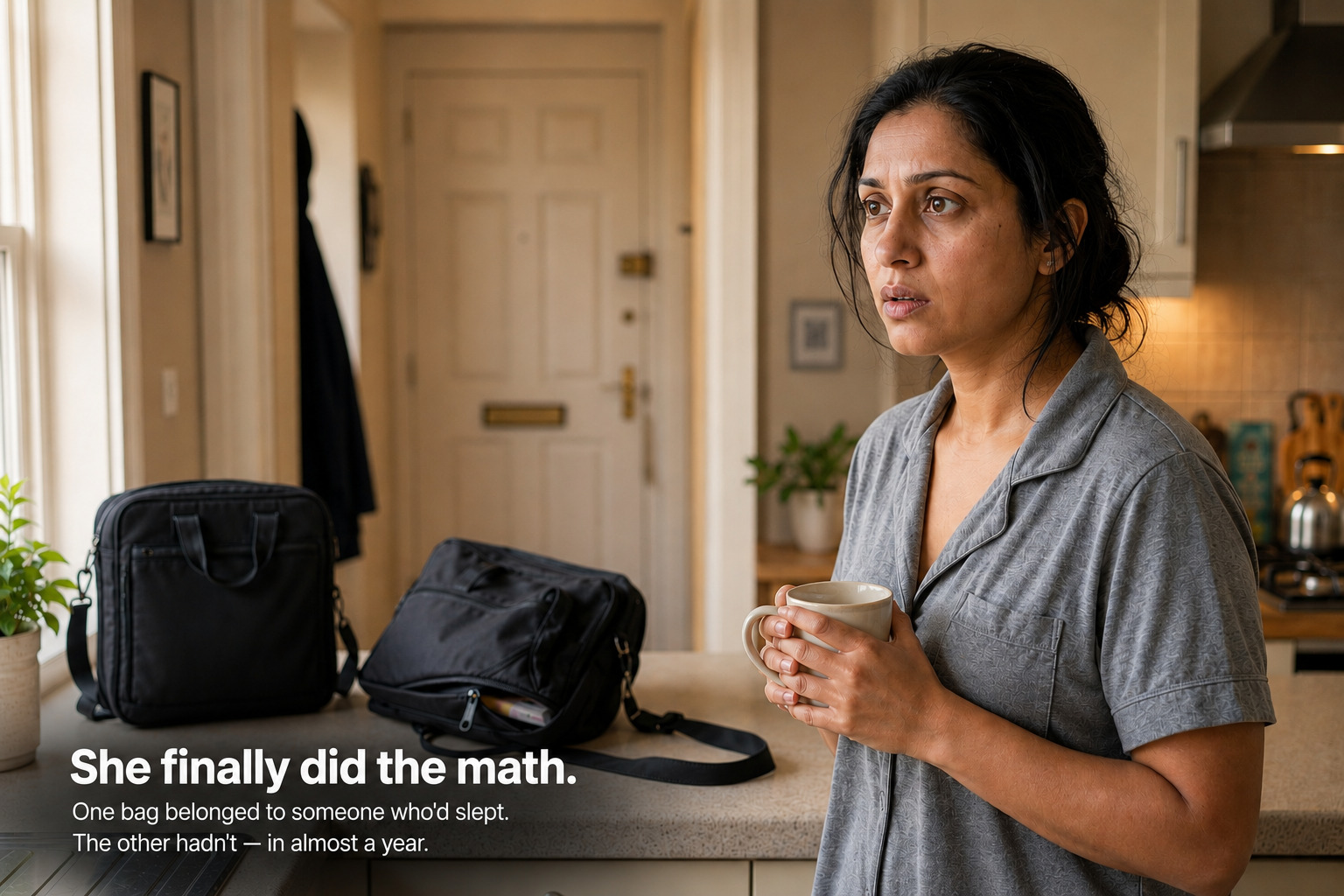 Two identical laptop bags side by side near a front door — only one belongs to someone who actually slept last night