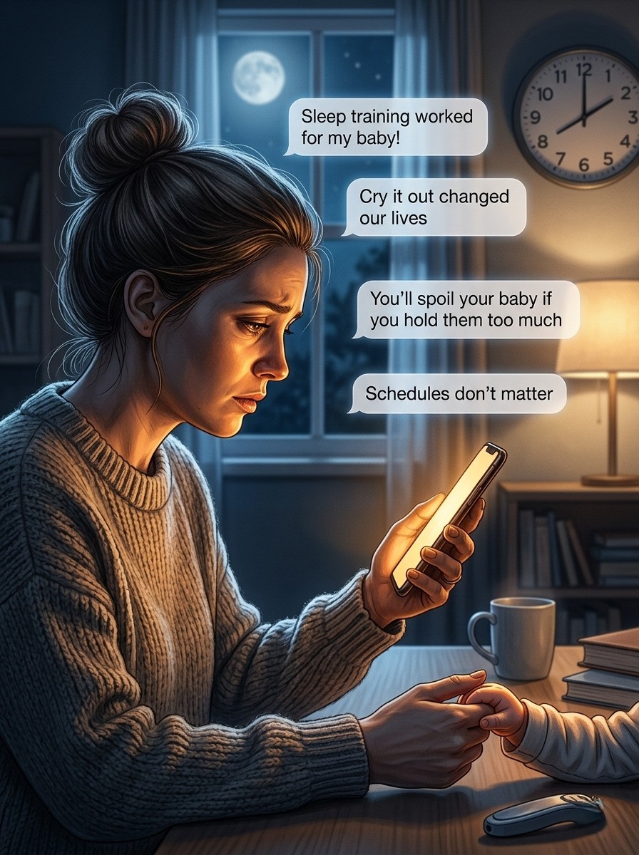 A soft graphite illustration of an exhausted parent late at night, phone glowing with conflicting advice, the baby's tiny hand resting gently in theirs — worry and tenderness at 3am