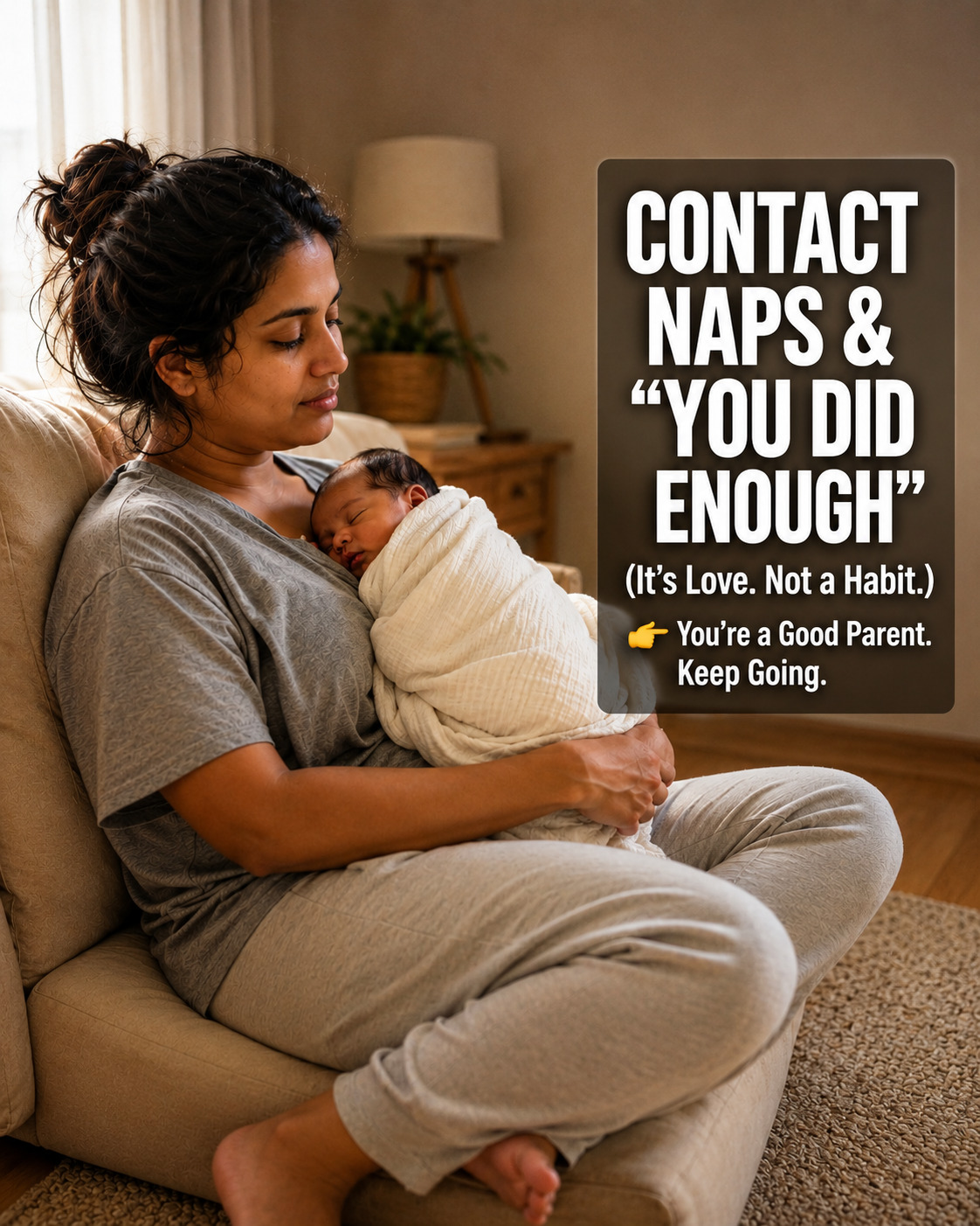 A parent at rest with their newborn sleeping on their chest during a contact nap — both at peace, warm light, the quiet confidence of simply being present