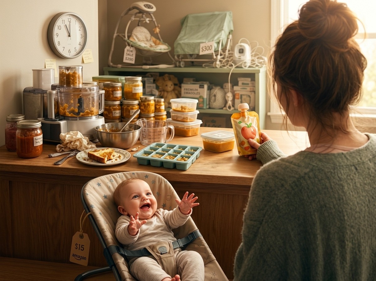 A soft graphite illustration of a kitchen counter covered in homemade baby food equipment beside a simple store-bought pouch, with an expensive unused baby swing gathering dust in the background while a baby grins in a cheap bouncer