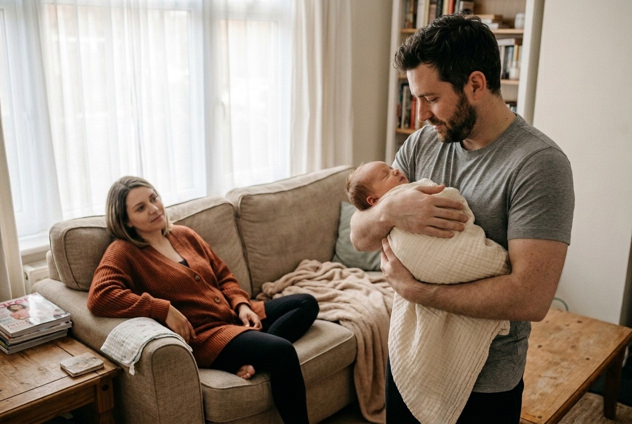A father holds his newborn confidently while the mother sits nearby, relaxed — learning to trust the people who love their baby