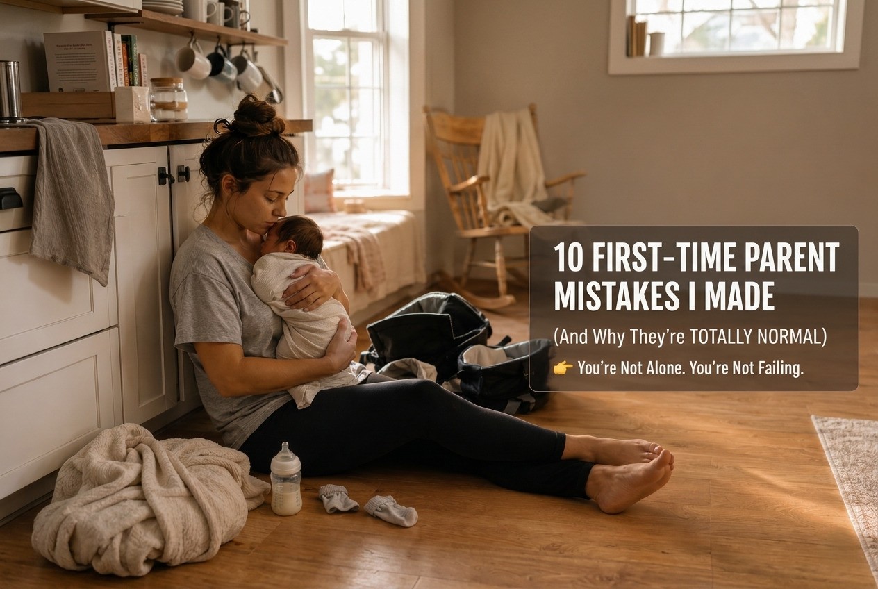 An exhausted but present first-time parent cradling their newborn in a warm, gently imperfect home — the quiet reality of new parenthood