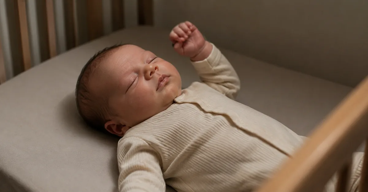 A sleeping newborn in a crib, one small fist near their face, mid-twitch, eyes closed.