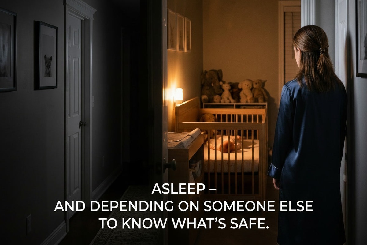 A dimly lit nursery at night with a sleeping baby visible as a soft silhouette in a crib, and a parent standing in the doorway, seen from behind, looking down a dark hallway