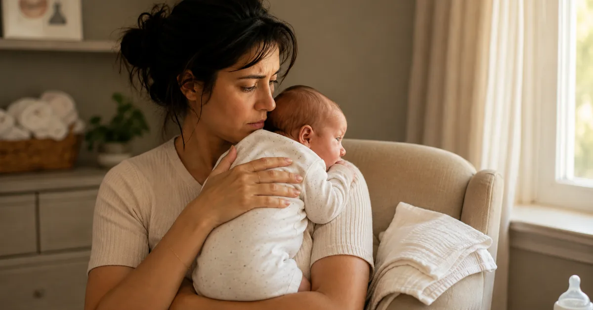 A parent holds a newborn upright against their shoulder in a softly lit room, one hand supporting the baby's back.