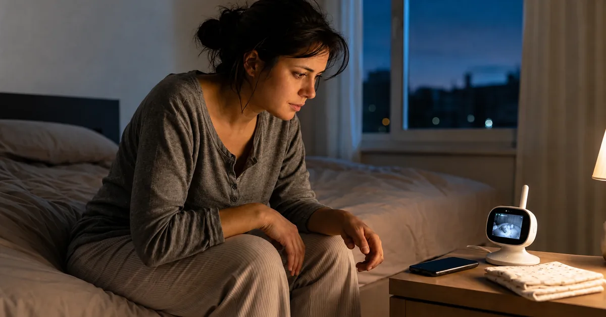 Parent sits up in a dim bedroom at night, listening toward a baby monitor on the nightstand