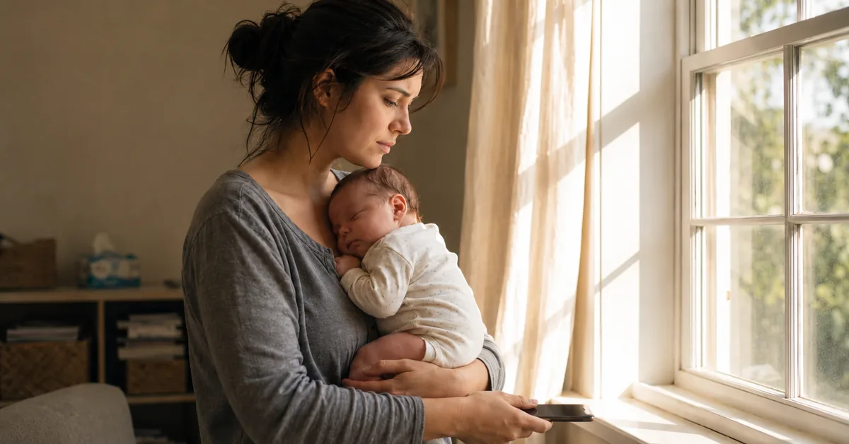 A parent stands near a sunlit window in the morning, phone resting nearby, newborn asleep against their chest.