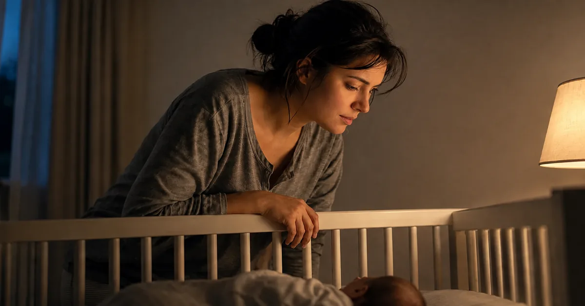 A parent leans close over a crib rail, one hand resting near a sleeping newborn's chest, watching quietly.
